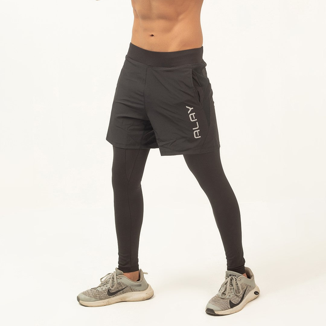 2 in 1 Compression Tights with Shorts - Black